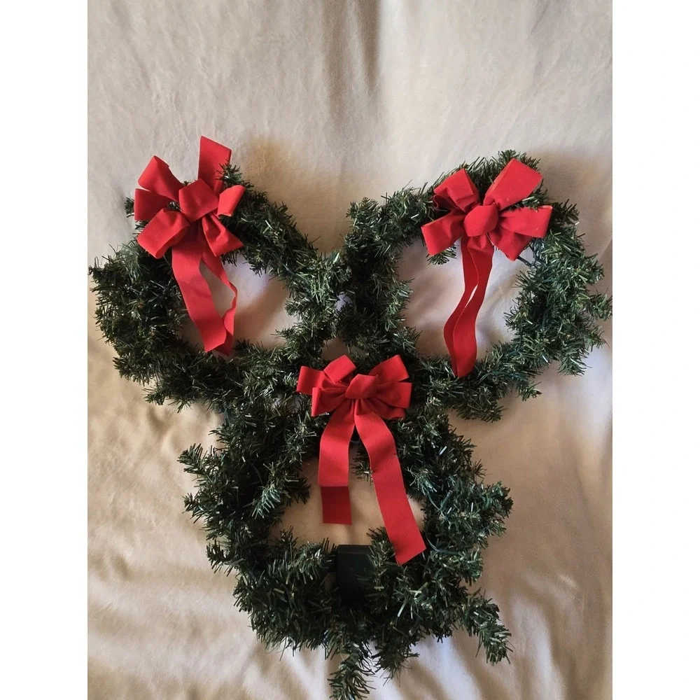 H For Happy Set of 3 LED Light Up Wreaths with Red Bows Outdoor Indoor Christmas